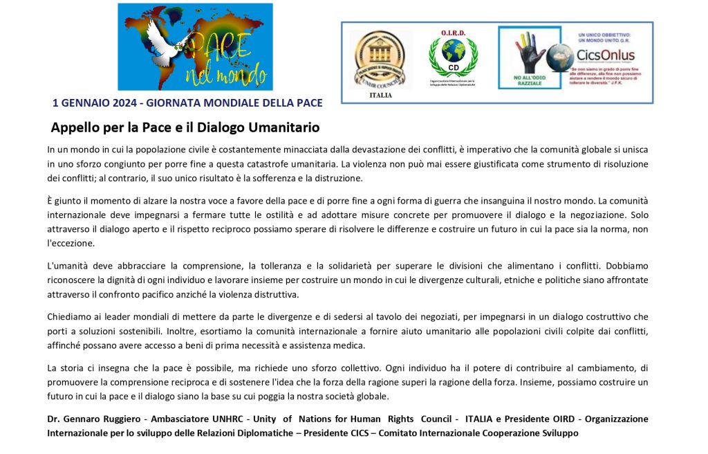 Appello per la Pace e il Dialogo Umanitario, 1 gennaio 2024, Giornata mondiale della pace, con i loghi UNHR Council Italia, O.I.R.D. e CicsOnlus