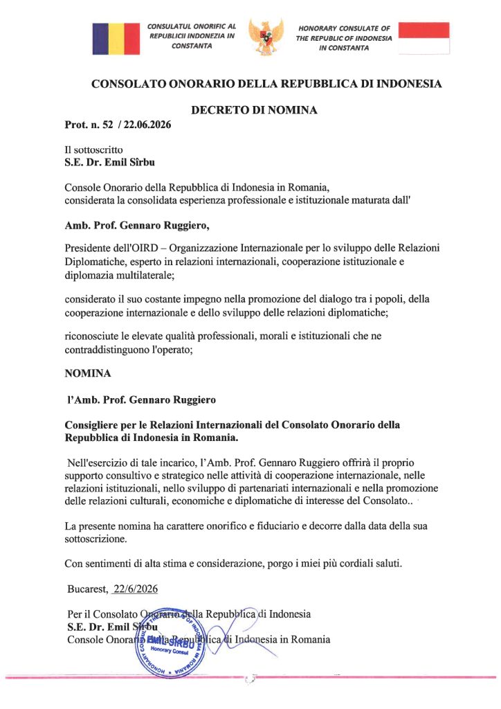 Decreto di nomina Prot. n. 52 del 22.06.2026 del Consolato Onorario della Repubblica di Indonesia in Romania per l'Amb. Prof. Gennaro Ruggiero