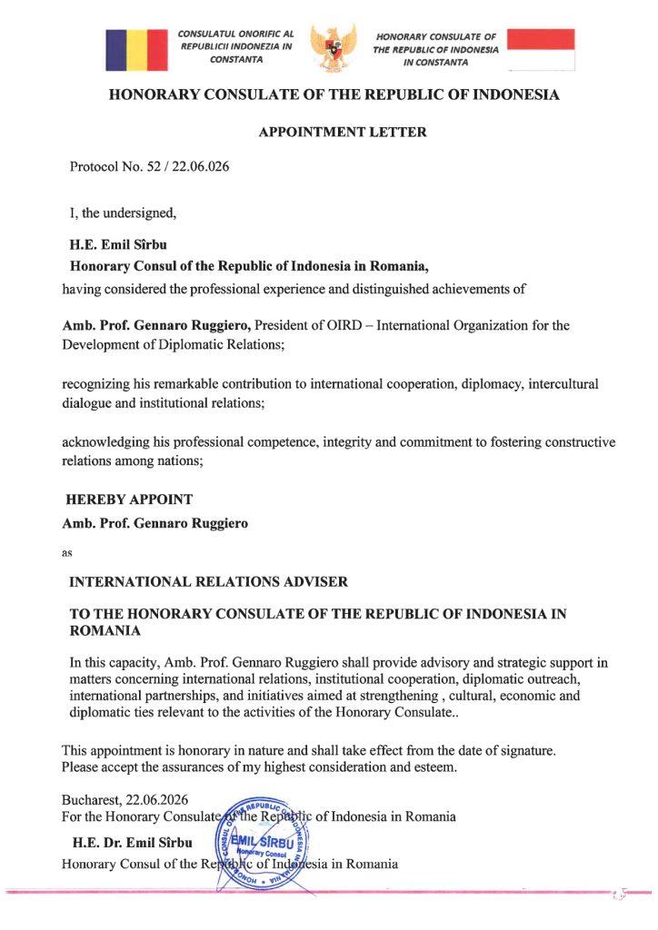 Appointment letter del Consolato Onorario della Repubblica di Indonesia per l'Amb. Prof. Gennaro Ruggiero