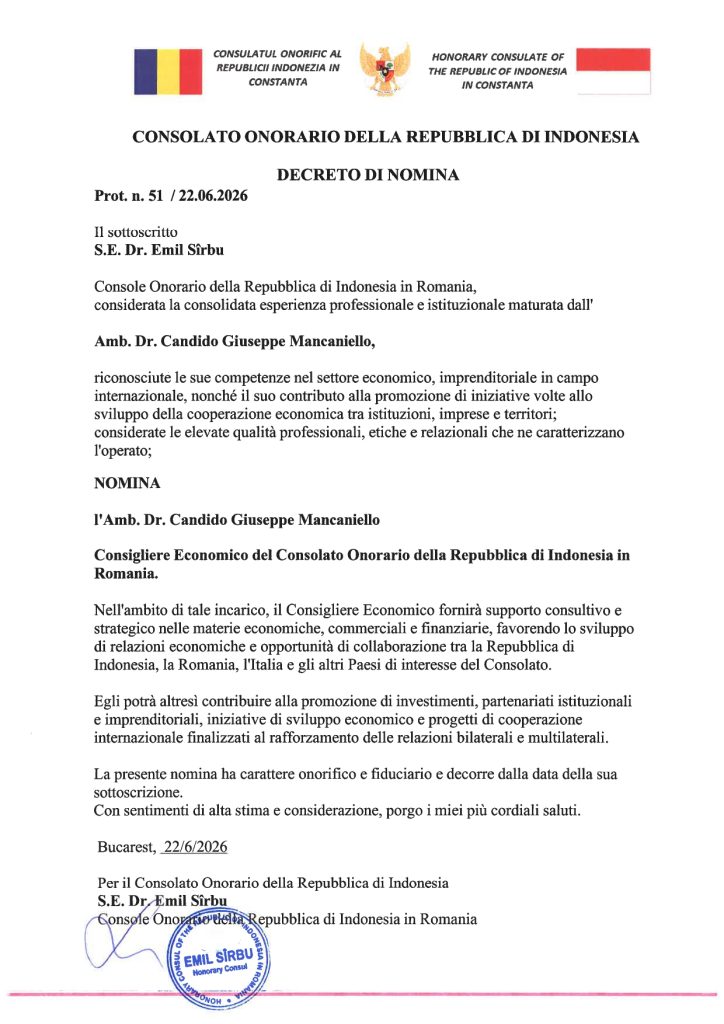 Decreto di nomina Prot. n. 51 del 22.06.2026 del Consolato Onorario della Repubblica di Indonesia in Romania per l'Amb. Dr. Candido Giuseppe Mancaniello