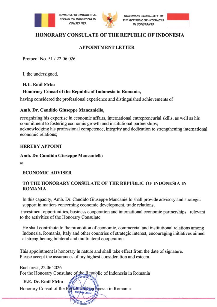 Appointment letter del Consolato Onorario della Repubblica di Indonesia per l'Amb. Dr. Candido Giuseppe Mancaniello