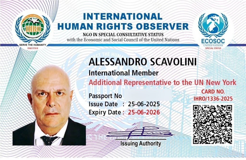 Tessera IHRO di Alessandro Scavolini, International Member, Additional Representative to the UN New York