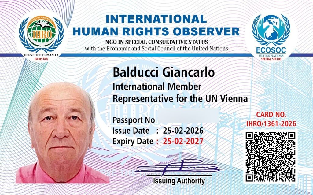 Tessera IHRO di Balducci Giancarlo, International Member, Representative for the UN Vienna