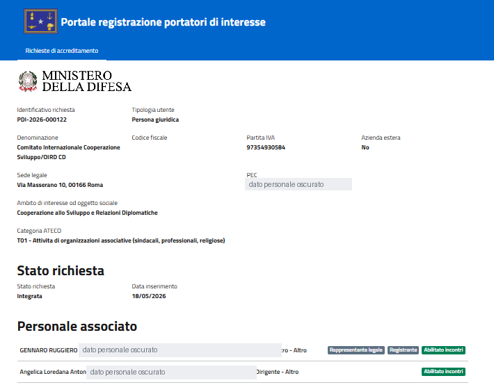 Portale registrazione portatori di interesse del Ministero della Difesa: richiesta PDI-2026-000122 del Comitato Internazionale Cooperazione Sviluppo/OIRD CD, inserita il 18/05/2026