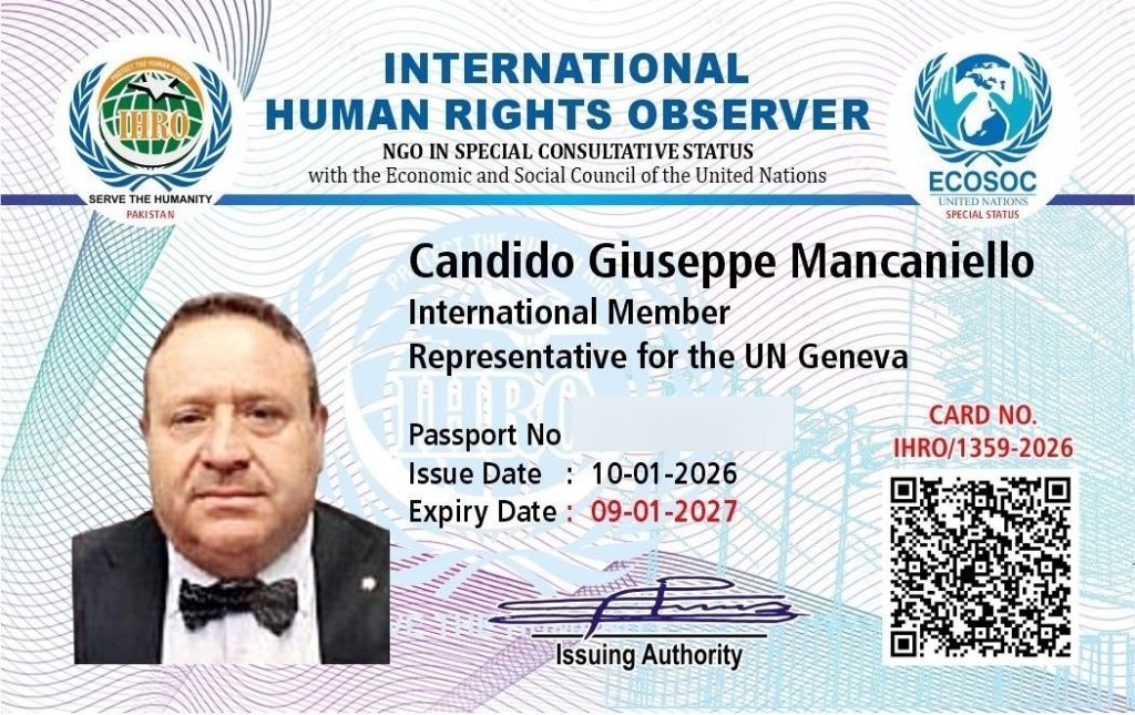 Tessera IHRO di Candido Giuseppe Mancaniello, International Member, Representative for the UN Geneva